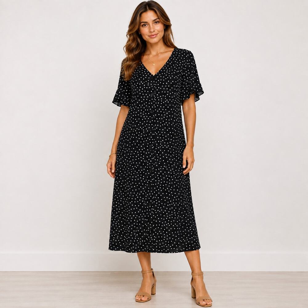 Susan Graver Liquid Knit Button-Up Dress Women's Size LP Black Polka-dot Office